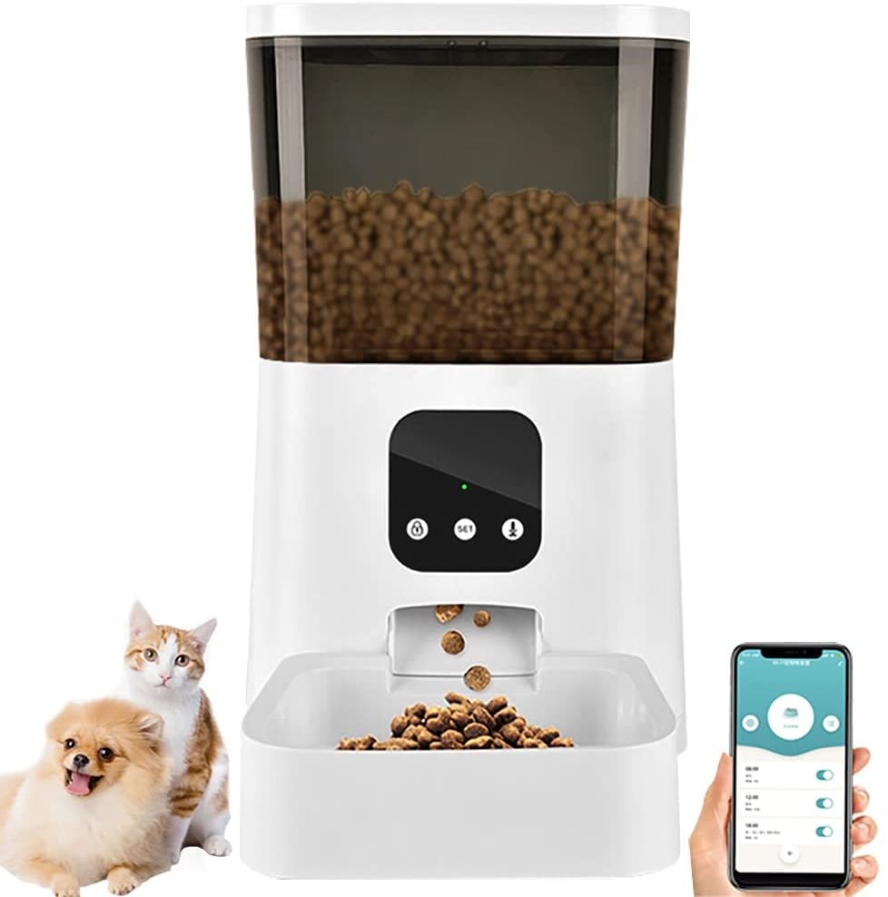 Automatic Pet Feeder Dog Food Dispenser WiFi APP Control 6L Auto Cat Feeder with Voice Recording Programmable Portion Control for Small Medium Large Puppy Kitten (White)