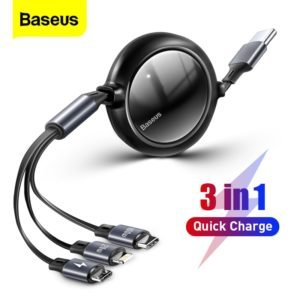 Baseus 66W 3 in 1 USB C Cable for iPhone 12 Charger Micro USB Type C Fast Charging for Macbook Samsung Xiaomi Retractable Cord