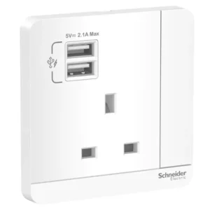 Schneider AvatarOn, 2 USB charger + switched socket, 3P, 13A, White E8315USB_WE_G12
