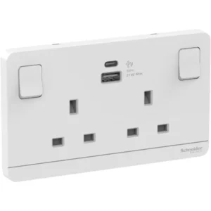 Schneider Switched socket with USB charger, Avataron, 21W type A+C, 2 gang, 13A, white E83T25ACUSB_WE_G12