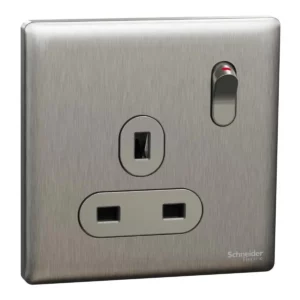 Schneider Switched socket, Unica X, 13A, 250V, 1 gang, 2 pole, Stainless Steel ,NUX15D_SS