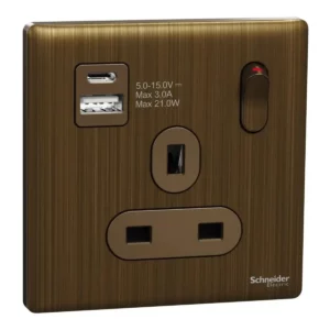 Schneider Switched socket with USB, Unica X, 13A, 250V, 2 pole, type A+C, 21W, Antique Bronze ,NUX15DACQUS_AB