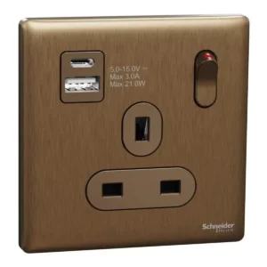 Schneider Switched socket with USB, Unica X, 13A, 250V, 2 pole, type A+C, 21W, Dark Bronze ,NUX15DACQUS_DB