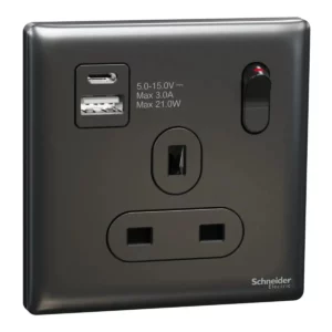 Schneider Switched socket with USB, Unica X, 13A, 250V, 2 pole, type A+C, 21W, Dark Grey, NUX15DACQUS_DG