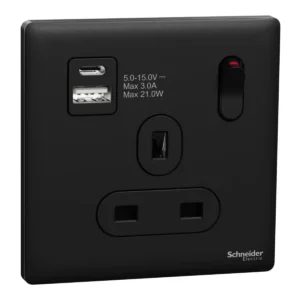Schneider Switched socket with USB, Unica X, 13A, 250V, 2 pole, type A+C, 21W,Jet Black ,NUX15DACQUS_JB