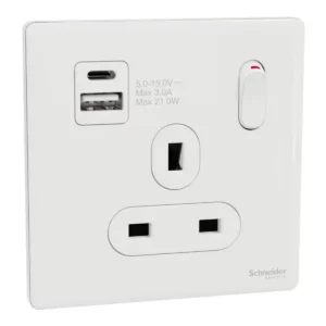 Schneider Switched socket with USB, Unica X, 13A, 250V, 2 pole, type A+C, 21W, Painted White ,NUX15DACQUS_PW