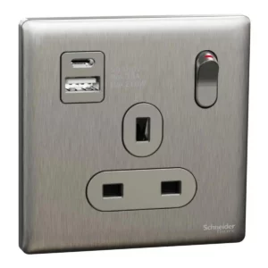 Schneider Switched socket with USB, Unica X, 13A, 250V, 2 pole, type A+C, 21W, Stainless Steel, NUX15DACQUS_SS