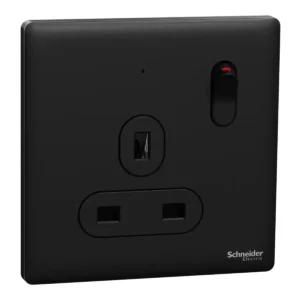 Schneider Switched socket, Unica X, 13A, 250V, 1 gang, 2 pole, with LED,Jet Black ,NUX15DN_JB
