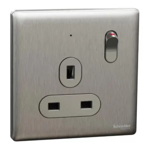 Schneider Switched socket, Unica X, 13A, 250V, 1 gang, 2 pole, with LED, Stainless Steel ,NUX15DN_SS