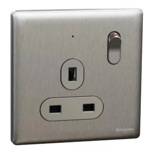 Schneider Switched socket, Unica X, 13A, 250V, 1 gang, with LED, Stainless Steel ,NUX15N_SS