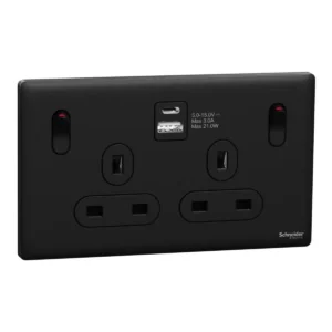 Schneider Switched socket with USB, Unica X, 13A, 250V, 2 pole, type A+C, 21W,Jet Black ,NUX25DACQUS_JB