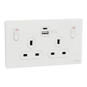 Schneider Switched socket with USB, Unica X, 13A, 250V, 2 pole, type A+C, 21W, Painted White ,NUX25DACQUS_PW