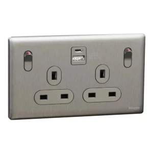 Schneider Switched socket with USB, Unica X, 13A, 250V, 2 pole, type A+C, 21W, Stainless Steel, NUX25DACQUS_SS