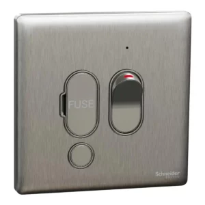 Schneider Fuse connection unit, Unica X, 13A, 250V, 1 gang, 2 pole, with flex outlet, LED, Stainless Steel ,NUX31DFSGN_SS