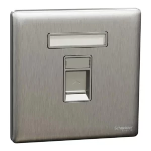 Schneider Central plate, Unica, for RJ45, 1 gang, with shutter, Stainless Steel ,NUX31RJ_SS