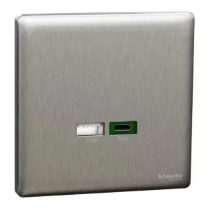 Schneider Double USB Charger, Unica X, 45W, type A+C, Stainless Steel ,NUX32ACQUSB_SS