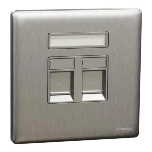 Schneider Central plate, Unica, for RJ45, 2 gangs, with shutter, Stainless Steel ,NUX32RJ_SS
