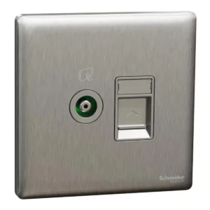 Schneider TV and telephone socket, Unica X, 2 gangs, shuttered, Stainless Steel ,NUX32TVRJ4_SS