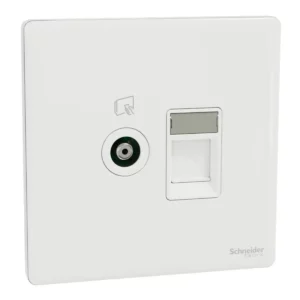 Schneider TV and Data socket, Unica X, 2 gangs, shuttered, Painted White ,NUX32TVRJ6_PW