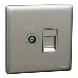 Schneider TV and Data socket, Unica X, 2 gangs, shuttered, Stainless Steel ,NUX32TVRJ6_SS