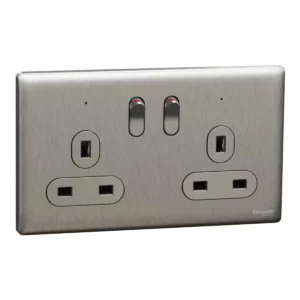 Schneider Switched socket, Unica X, 13A, 250V, 2 gangs, 2 pole, with LED, Stainless Steel, NUXT25DN_SS