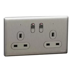 Schneider Switched socket, Unica X, 13A, 250V, 2 gangs, with LED, Stainless Steel ,NUXT25N_SS